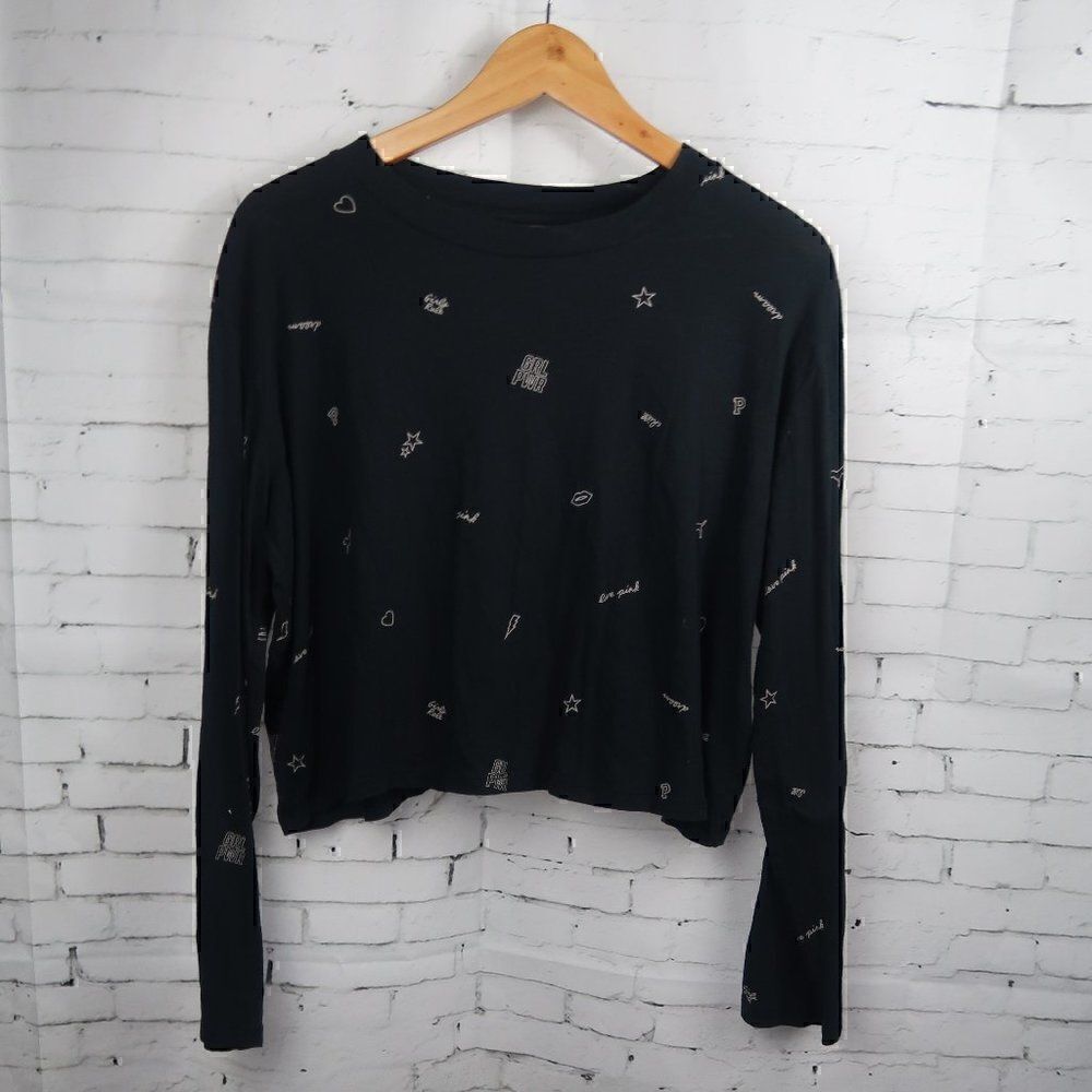 PINK VICTORIA'S SECRET BLACK LONG SLEEVE CREW NECK CROP GIRLS RULE TOP SIZE L